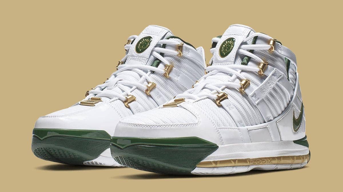 Official images have surfaced of the upcoming 'SVSM Home' Nike Zoom LeBron 3 retro inspired by LeBron James' high school.