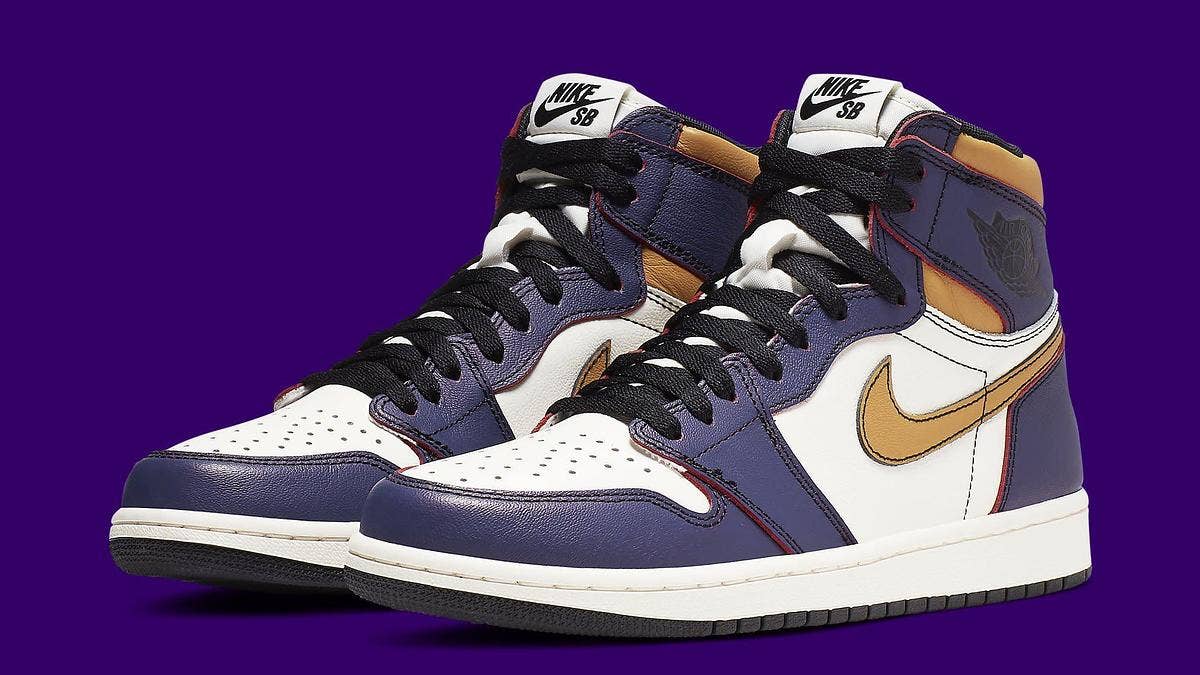 A new image has surfaced of an upcoming Nike SB x Air Jordan 1 High. The pair sports a Los Angeles Lakers colorway that wears away over time.