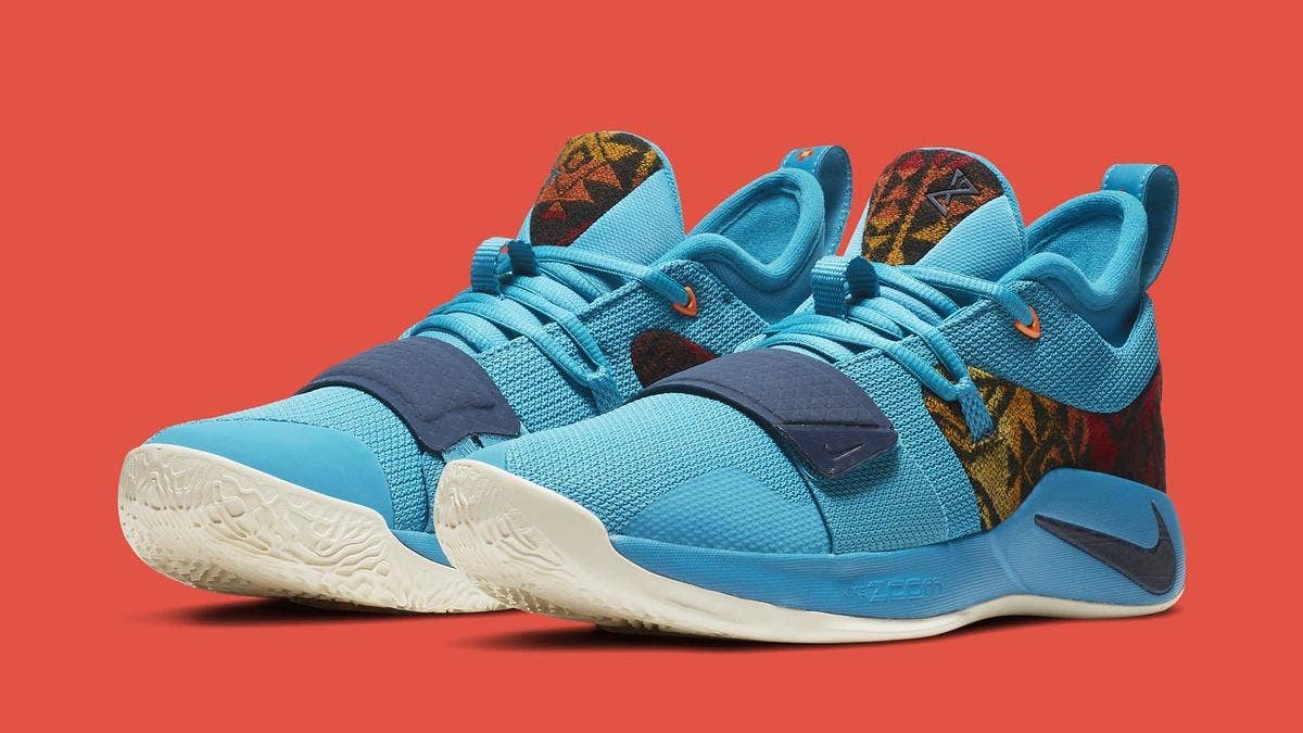The Nike PG 2.5 is releasing in a brand new color scheme featuring Pendleton wool detailing. A light blue upper is accented by a navy blue strap and Swoosh.