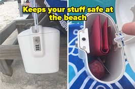 A locked closed container attached to a beach chair/The same container opened with items inside