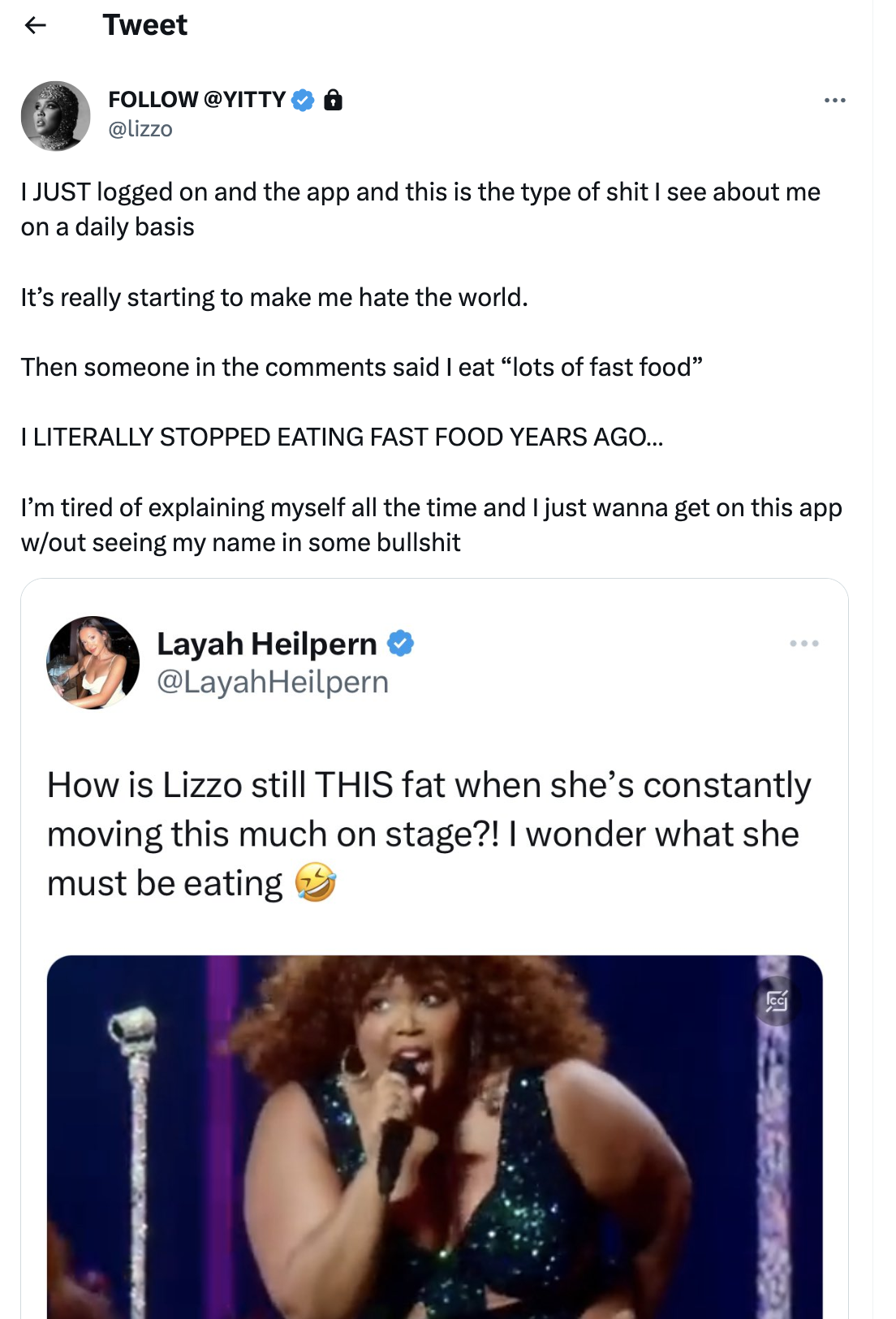 Screenshot of Lizzo&#x27;s tweet