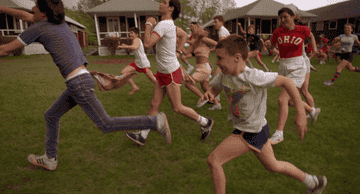GIF of scene from Wet Hot American Summer of campers running