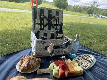 Reviewer's picnic basket is set up on the grass at a park