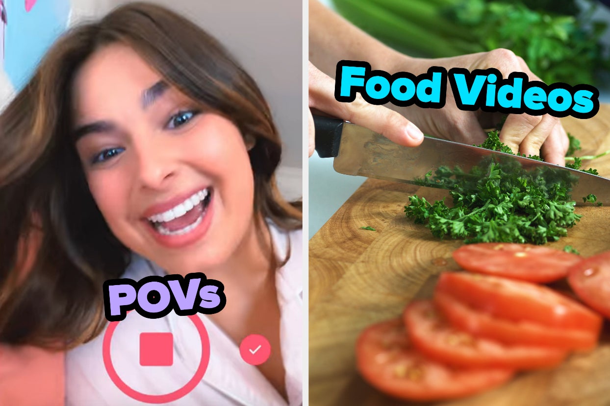 On the left, Addison Rae filming a TikTok as Padgett in He's All That with POVs typed under her chin, and on the right, someone chopping veggies and herbs labeled food videos