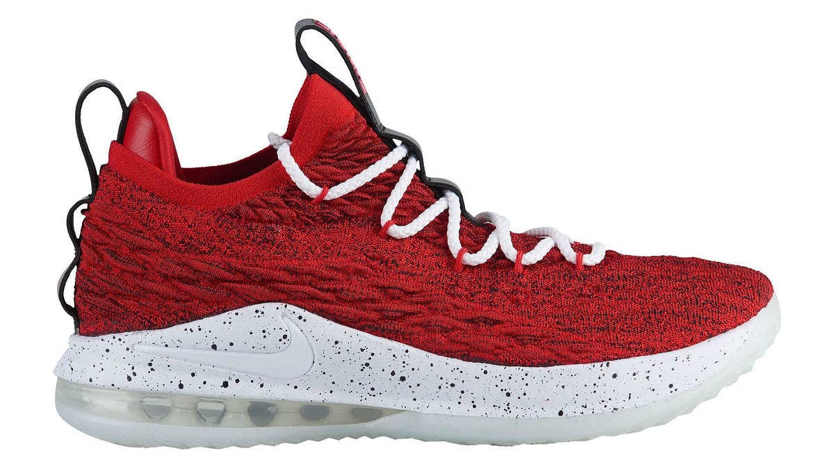 Following LeBron James' move to Los Angeles, the Nike LeBron 15 Low surfaces in a bold 'University Red' colorway, featuring black and white accents, along with a speckled midsole.