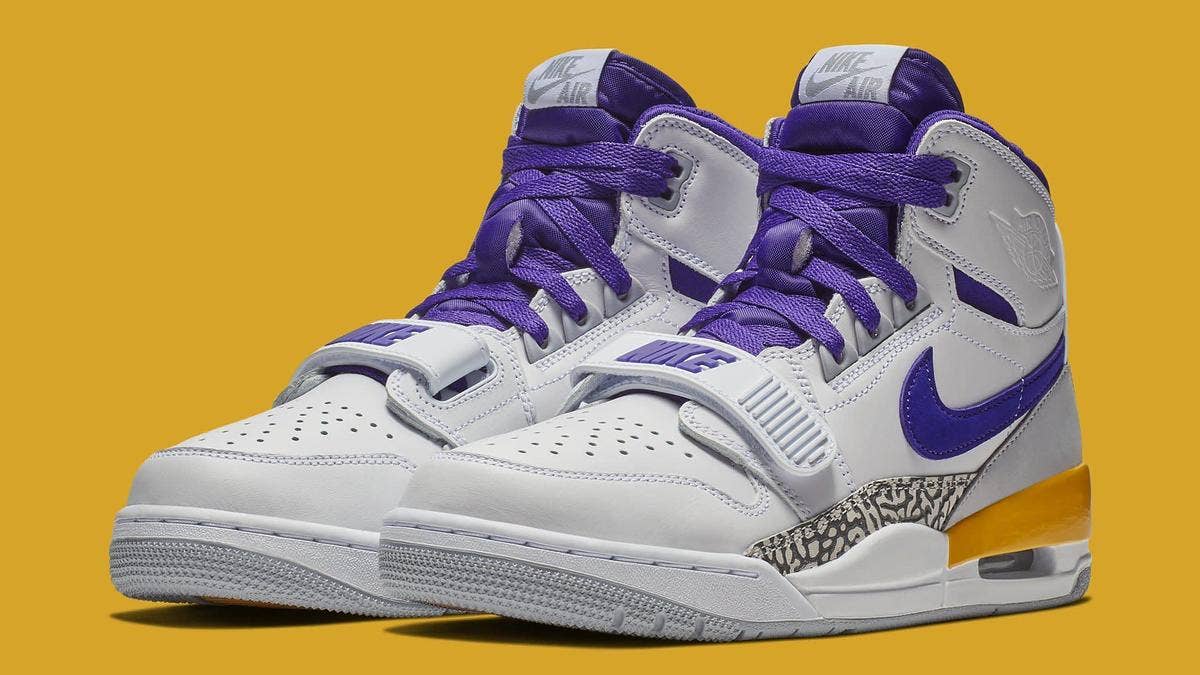 A Lakers-inspired colorway of the Jordan Legacy 312 has surfaced. Despite previous connections, Don C's branding is noticeably absent from this pair.