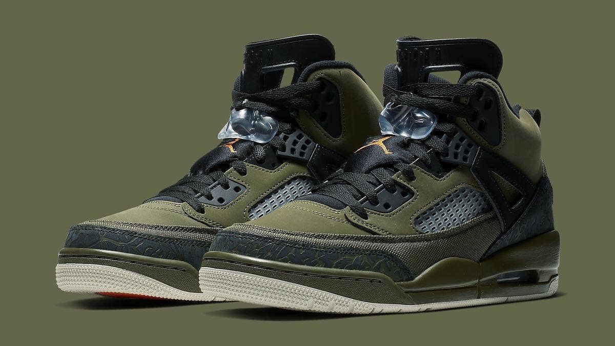 Taking cues from the Undefeated x Air Jordan 4 collaboration from 2005, the new Jordan Spizike bears a flight jacket-inspired scheme of green, black and orange.