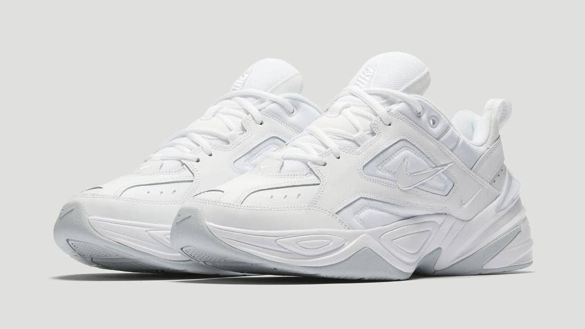 The Nike M2K Tekno has released in a 'White/Pure Platinum' colorway. The simple take on the chunky model sports a tonal mesh upper, leather overlays, and subtle hits of grey.