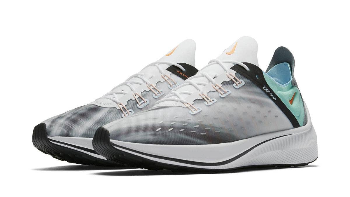 The release date and details for Nike's new EXP-X14 QS pack including 'White/Emerald Rise/Cone/Blue Chill' and 'Black/Wolf Grey/Dark Grey/Blue Chill' colorways.