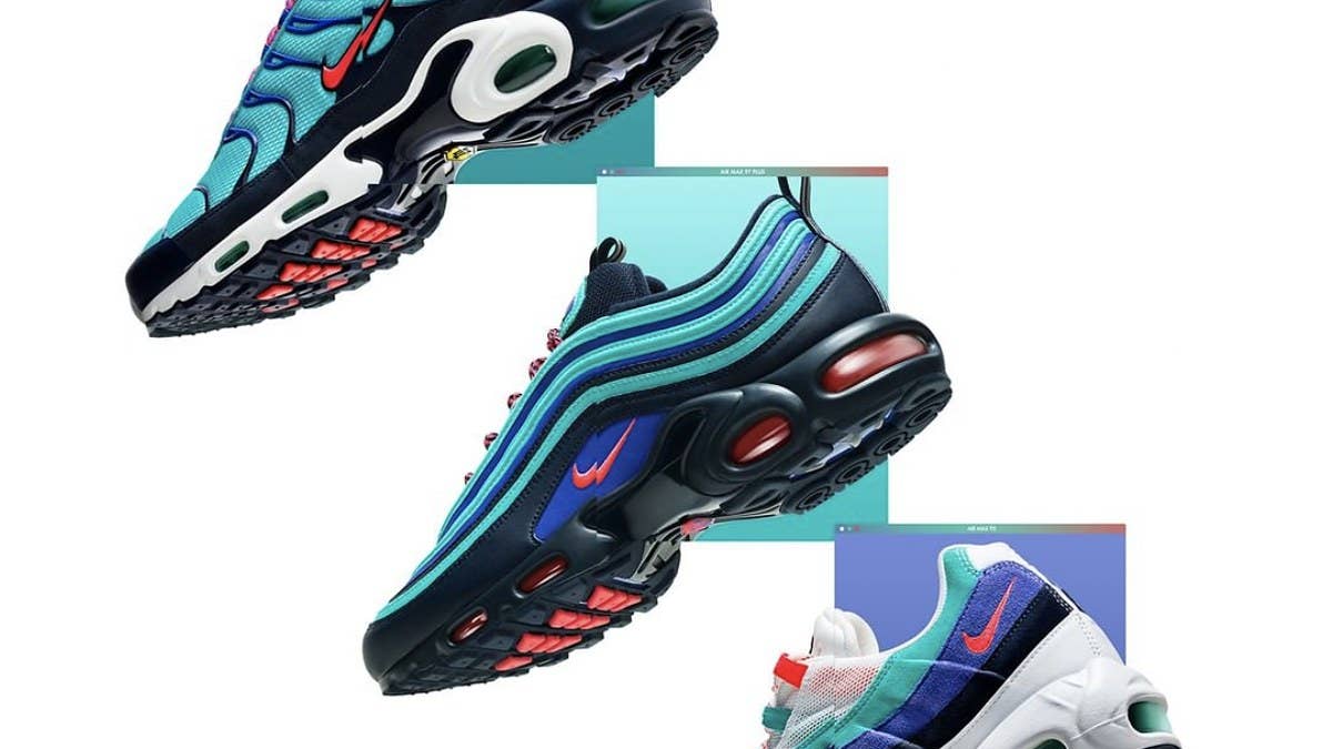 Nike will be releasing the 'Discover Your Air' pack featuring an Air Max Plus, Air Max Plus 97, and Air Max 95 that all sport a color palette borrowed from the OG 'Ultramarine' Air Huarache Light. 