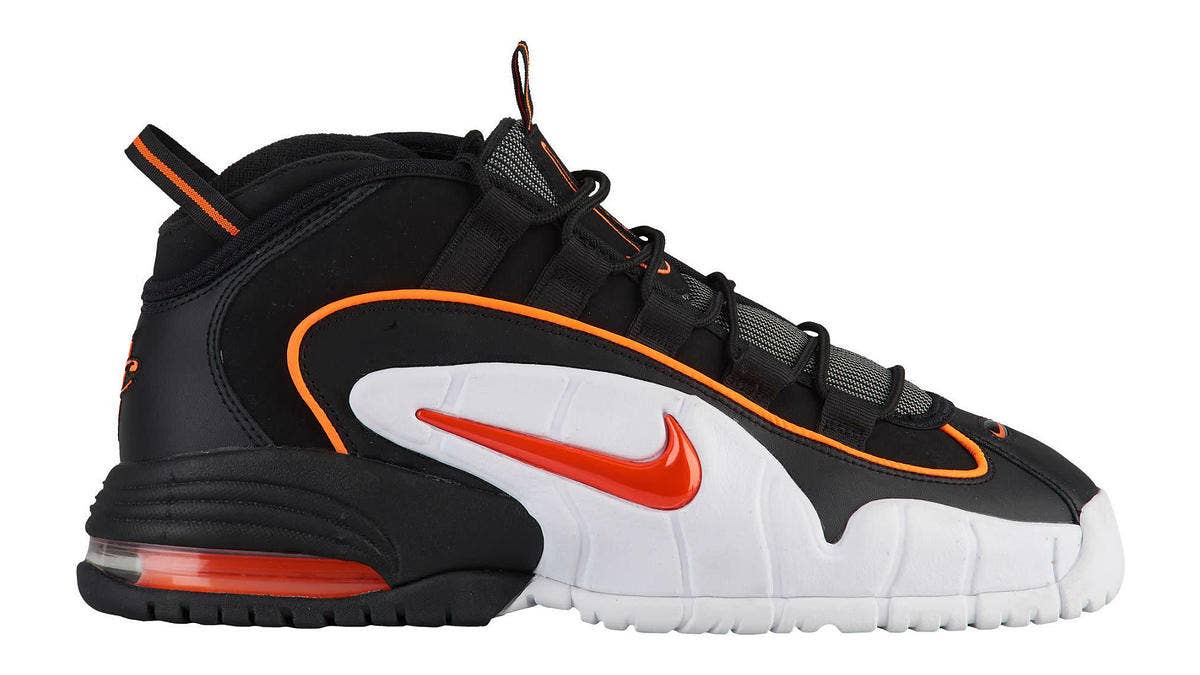 Perhaps a nod to Penny Hardaway's forgotten days as a member of the Phoenix Suns, the 'Total Orange' Nike Air Max Penny 1 features vibrant orange accents on a mostly black and white sneaker.