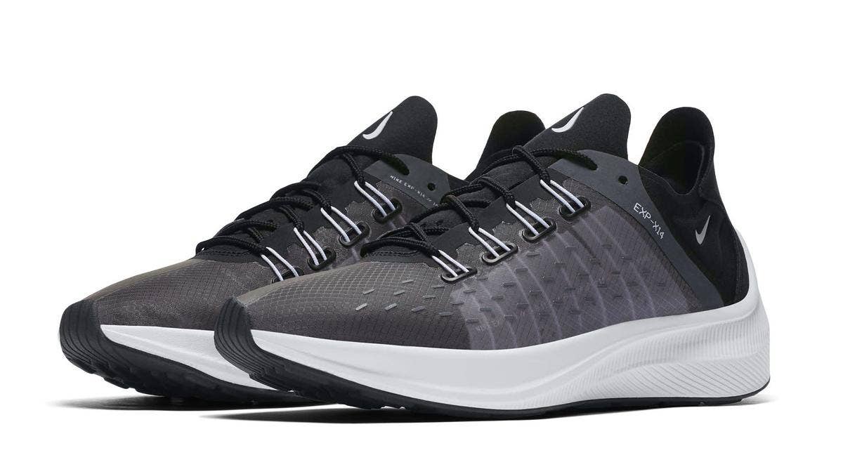 The release date and tech info for the women's Nike EXP-X14 in 'Black/White/Wolf Grey.' The runner features React cushioning and is one of Nike's latest translucent designs.