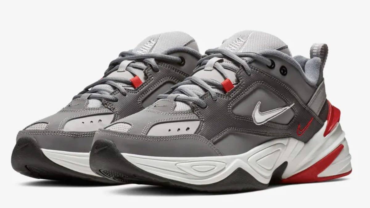 Nike's newest dad sneaker, the Nike M2K Tekno is seen in a new combination of Gunsmoke, Natural Heather, and University Red on a forthcoming colorway. 