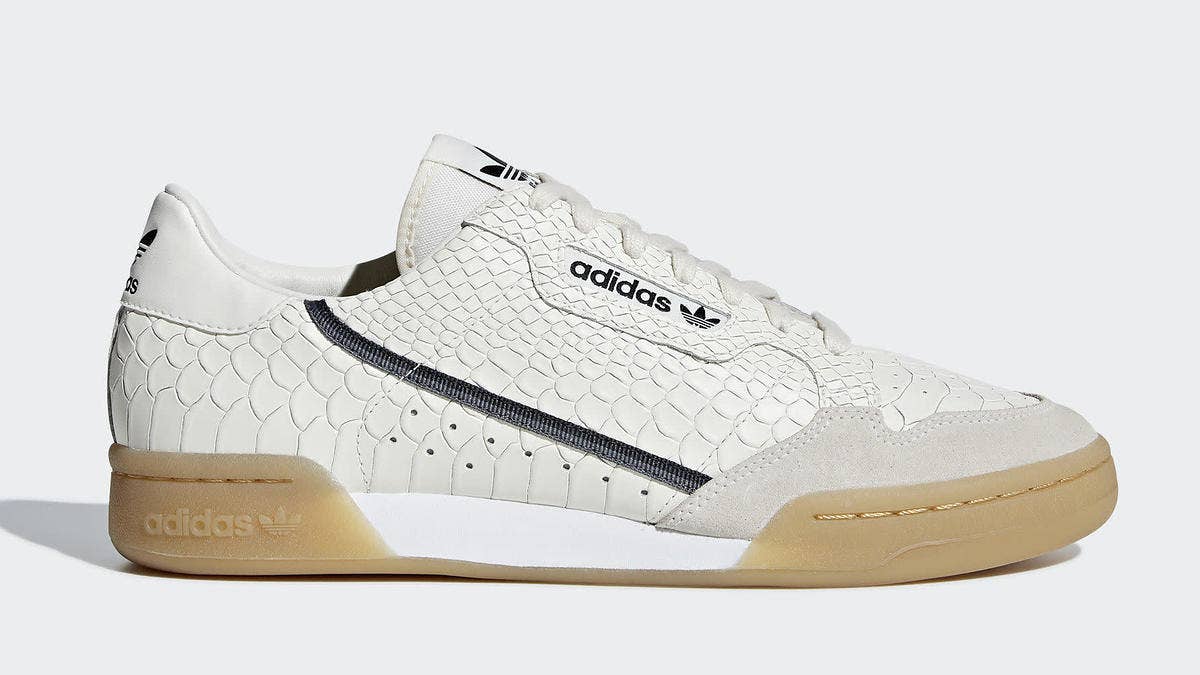 Continuing the rollout for the '80s inspired model, the latest for Adidas will be premium snakeskin leather to the Continental 80 uppers to white and black-based pairs. 