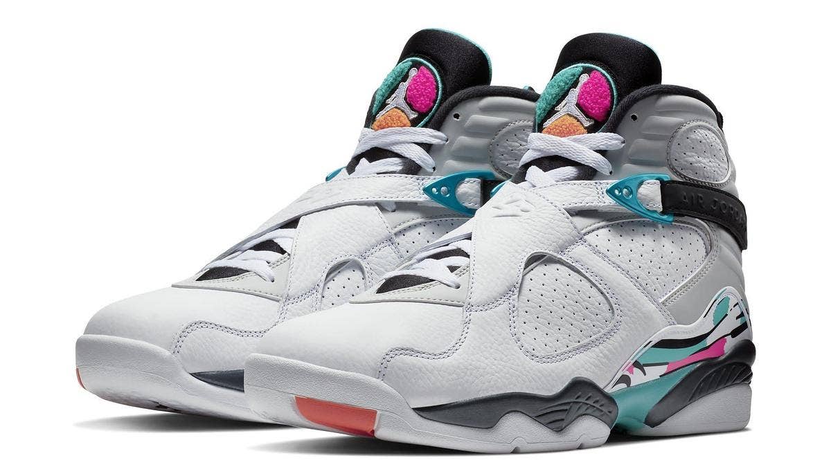 Taking some cues from LeBron James' iconic post-Decision sneaker, the Air Jordan 8 arrives in a "South Beach" flavored teal and pink colorway for Fall 2018.