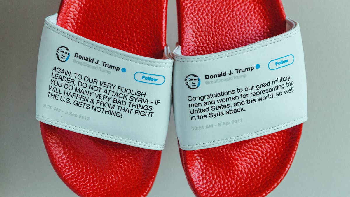 These flip flop sandal slides featuring President Donald Trump's contradictory tweets sold out in a month. Find out more here.