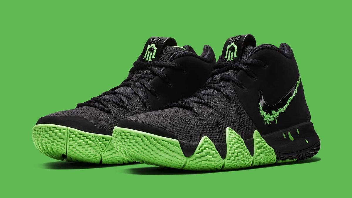 The 'Halloween' Nike Kyrie 4 will arrive just ahead of the holiday sporting a mostly black base, rage green accents and slime-inspired graphics along the Swoosh and midsole.
