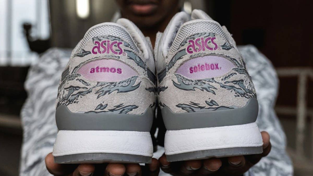 An Atmos x Solebox x Asics Gel-Lyte III will be releasing exclusively at the fifth annual Atmoscon in Tokyo, Japan. It features tiger camo and purple branding.