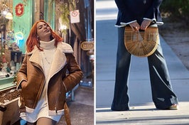 on left: reviewer wearing brown faux shearling jacket. on right: reviewer carrying bamboo handbag