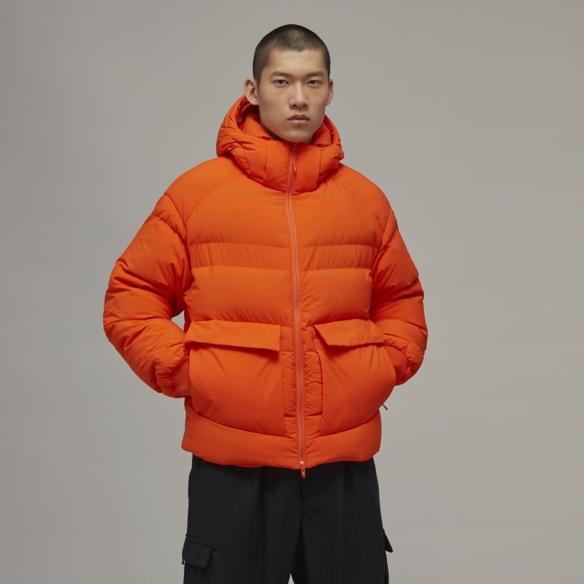model wearing Y3 puffer in orange