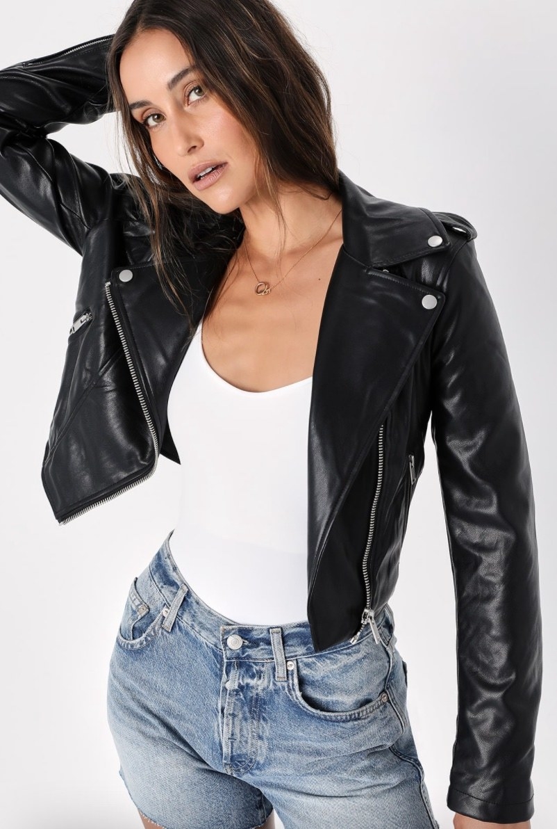 leather jacket on model
