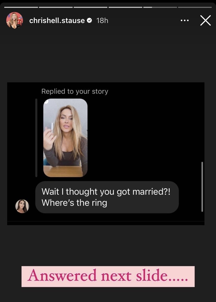 A screenshot of a message to Chrishell that says &quot;Wait I thought you got married!? Where&#x27;s the ring&quot;