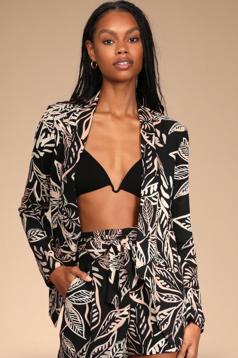 patterned blazer on model