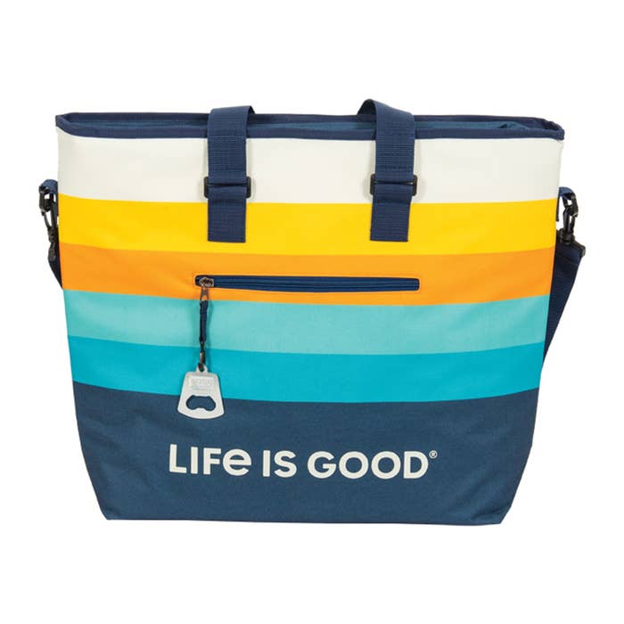 striped fabric cooler with zipper that says life is good on it
