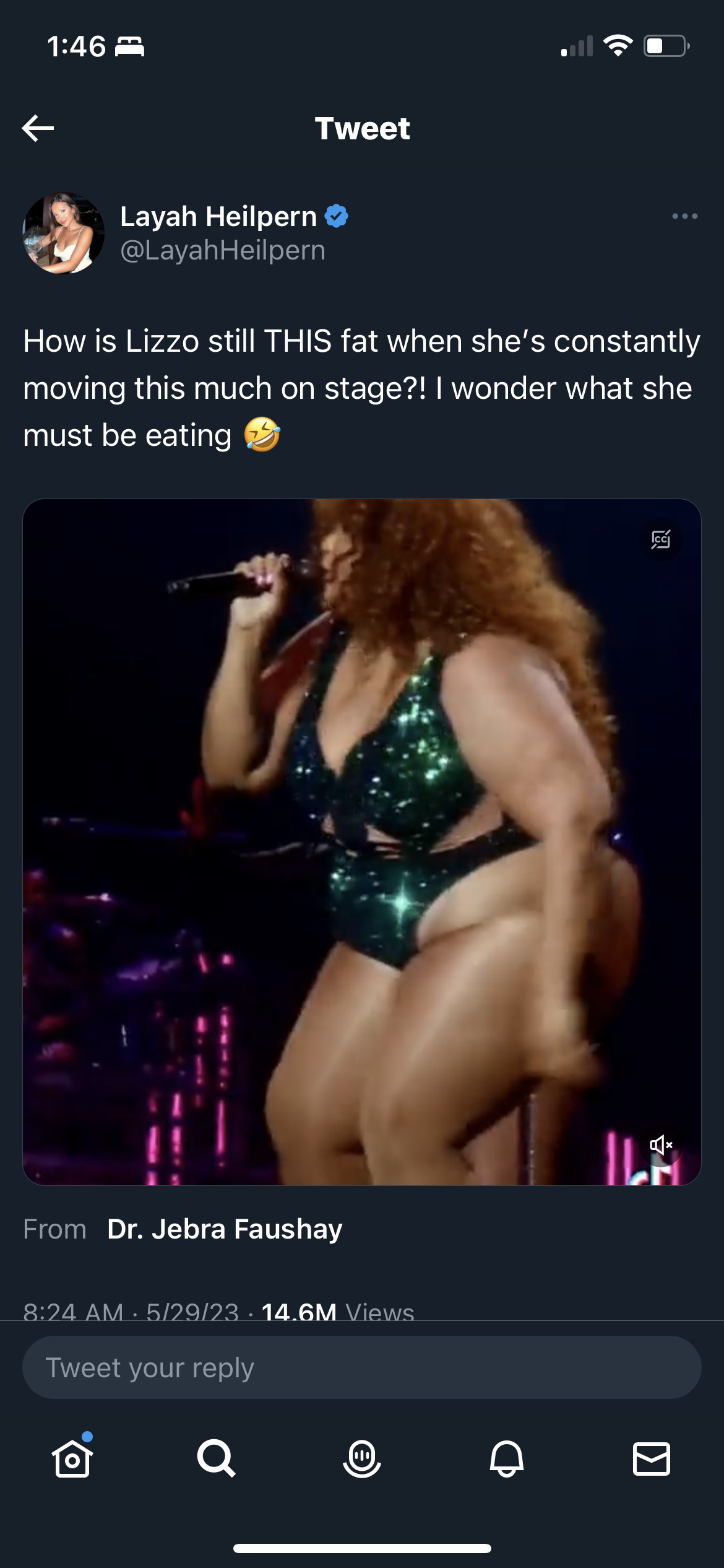 The tweet reads "How is Lizzo still THIS fat when she's constantly moving this much onstage? I wonder what she must be eating? [laughing emoji]