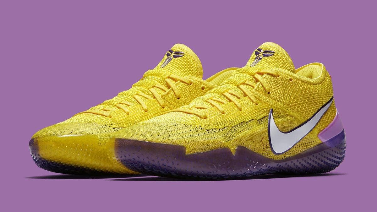 The release date and details for Kobe Bryant's new Nike Kobe A.D. NXT 360 'Yellow Strike/White' sneakers in Los Angeles Lakers colors.