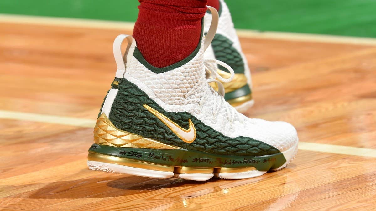 LeBron James debuts new Nike LeBron 15 'SVSM Air Zoom Generation' sneakers during Game 2 of the Eastern Conference Finals.