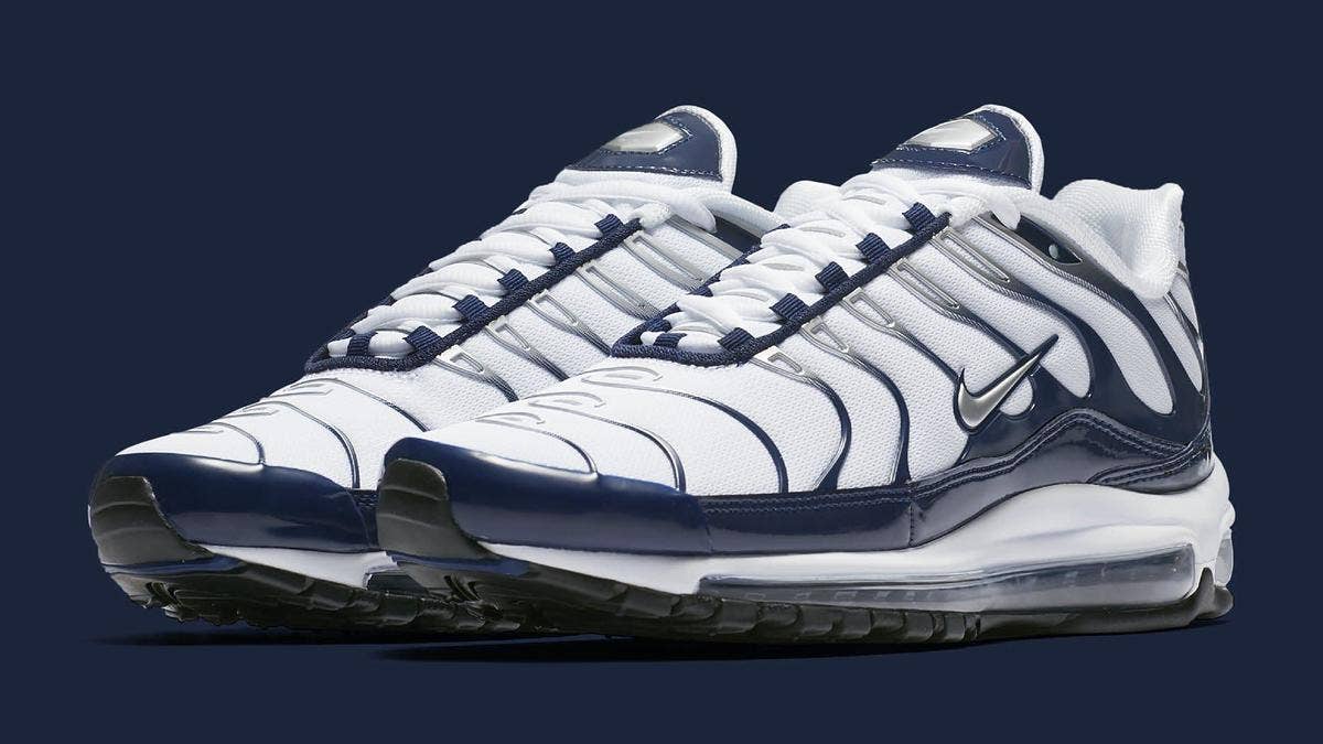 Release information for a new navy blue and white colorway of the Nike Air Max 97 Plus.