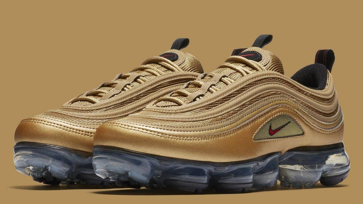 The release date and details for the OG-inspired Nike Air VaporMax 97 'Metallic Gold' sneakers.