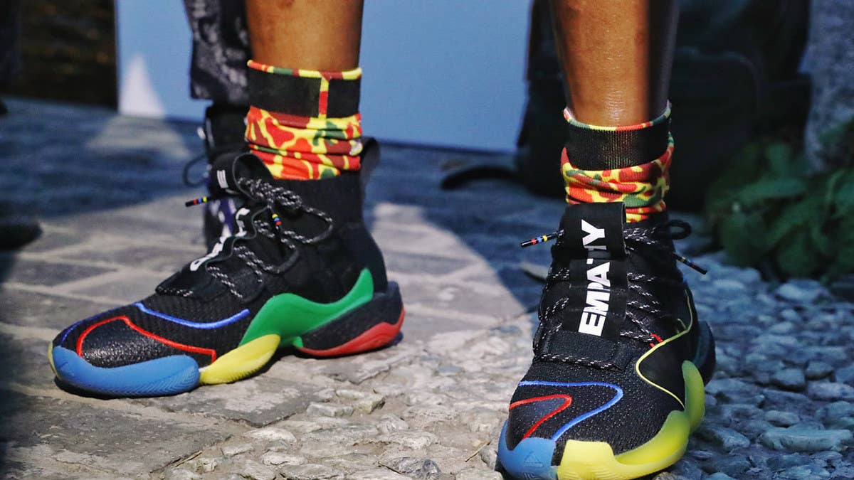 Pharrell spotted in multicolor Adidas Crazy BYW X sneakers in China.