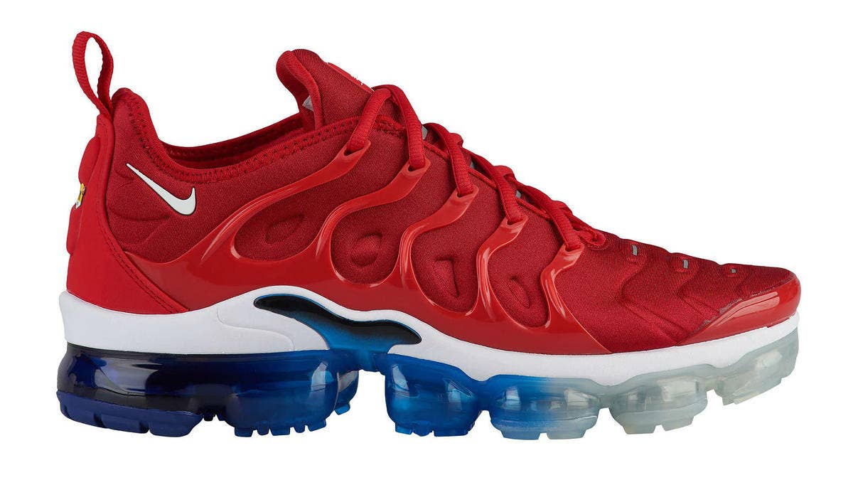 Styled in patriotic red, white and blue, the 'USA' Nike Air VaporMax Plus features gradient-style detailing on its Max Air unit that likens it to one of America's favorite summer time treats.