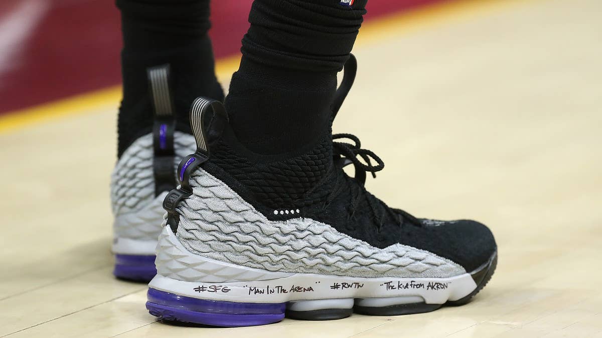 LeBron James debuts a Nike LeBron 15 inspired by Vince Carter's Shox BB4 for his first game of the 2018 NBA Playoffs.