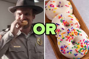 On the left, Hopper from Stranger Things eating a glazed donut, and on the right, some donuts with vanilla frosting and sprinkles with or typed in the middle