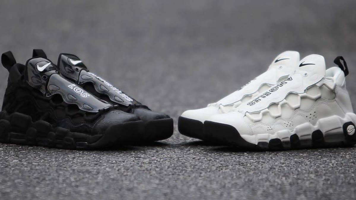 Images have surfaced of two new pairs of Air More Moneys covered in black and white patent leather.