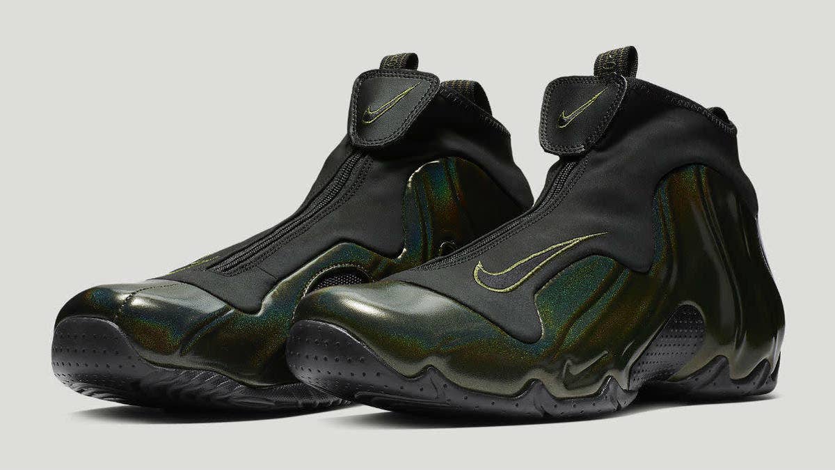The Nike Air Flightposite has made an unexpected return to Nike Sportswear retailers in the 'Legion Green' colorway, which is available to purchase at some locations now.