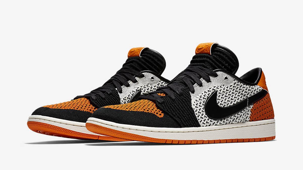 The Air Jordan 1 Low is apparently getting a Flyknit makeover, first spotted in the 'Shattered Backboard' colorway inspired by Michael Jordan's glass-breaking dunk in a 1985 exhibition game.