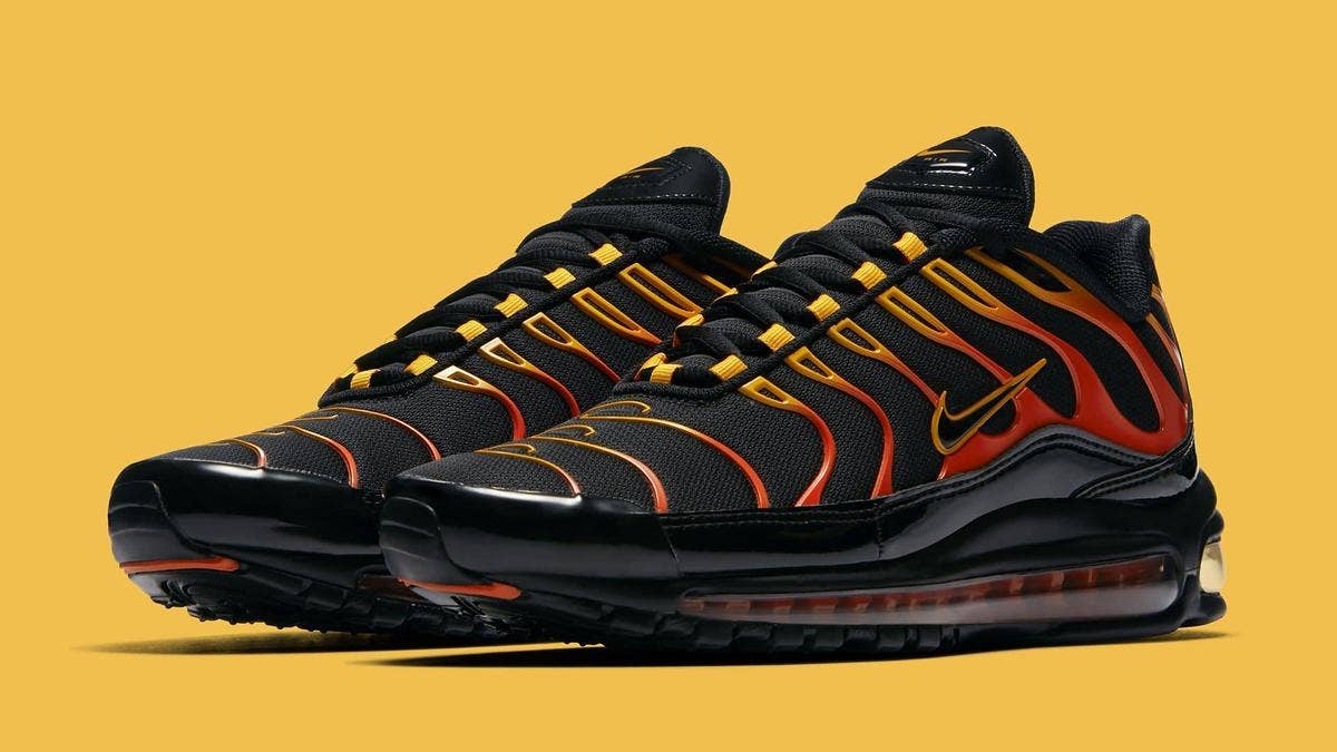 Release information for the upcoming 'Black/Engine/Shock Orange' Nike Air Max 97/Plus.