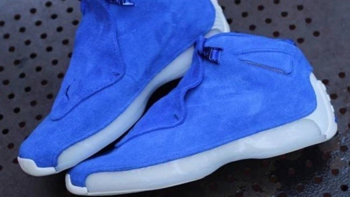 Adding to the list of upcoming Air Jordan 18 rumored releases is the 'Blue Suede' make-up rumored to release later this year alongside the 'Cool Grey,' yellow and orange. 