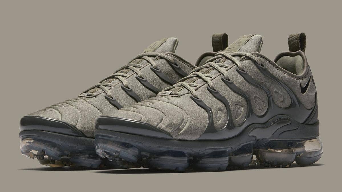 The release dates and official product images for the Nike VaporMax Plus camouflage colorways in 'Dark Stucco/White/Dark Grey/Anthracite' and 'String/Black/Desert/Gum Light Brown.'