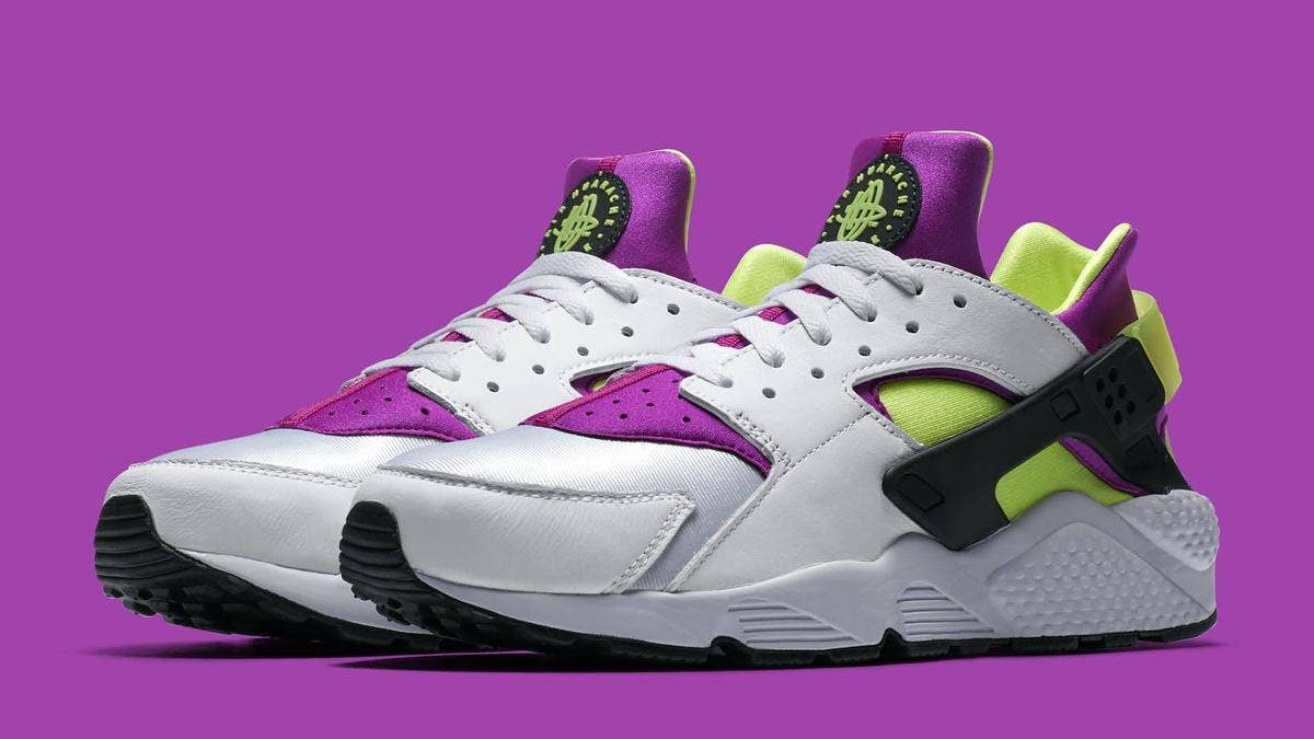 Official release information for the upcoming 'White/Neon Yellow/Magenta' Nike Air Huarache. 