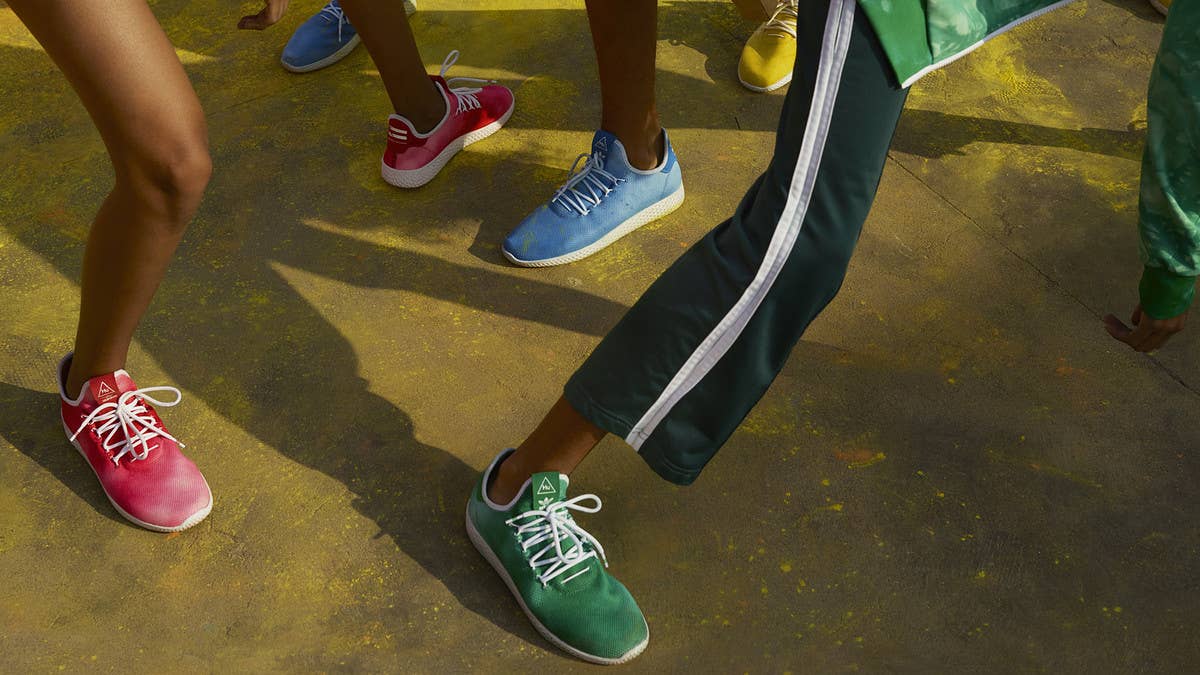 Official release information for the upcoming Pharrell x Adidas 'Holi' collection featuring pairs of the Tennis HU and Stan Smith.