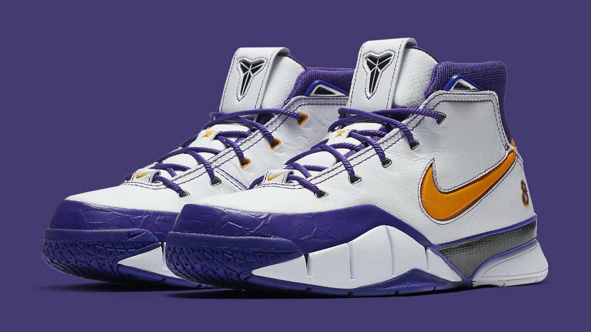 Release information for an upcoming 'White/Del Sol-Varsity Purple' colorway of the Nike Kobe 1 Protro.
