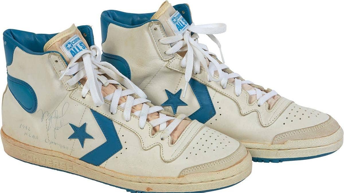 A signed pair of Michael Jordan's game-worn Converse sneakers from UNC's 1982 championship season are up for auction.