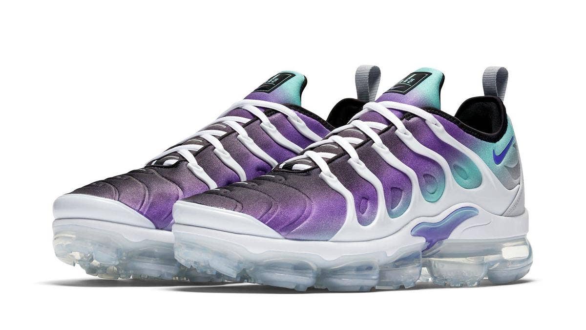 Official release information for the 'Black/Volt,' 'Barely Grey/Total Crimson,' and 'Purple/Aqua' Nike Air VaporMax Plus.