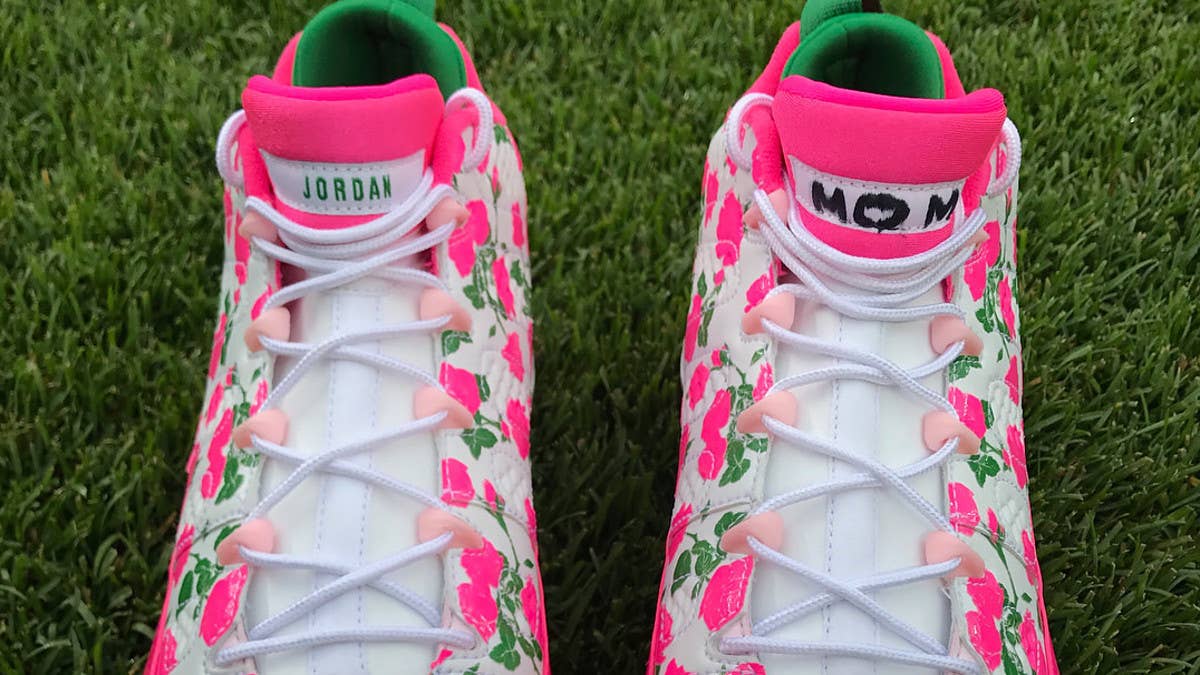 Flowers cover this year's Air Jordan 9 baseball cleats for Mother's Day.