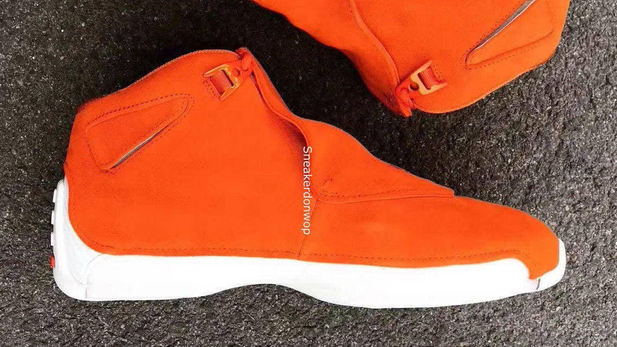 The Air Jordan 18 continues to make an impression in 2018, as a new orange-based colorway has surfaced with a contrasting white sole and other curious markings.